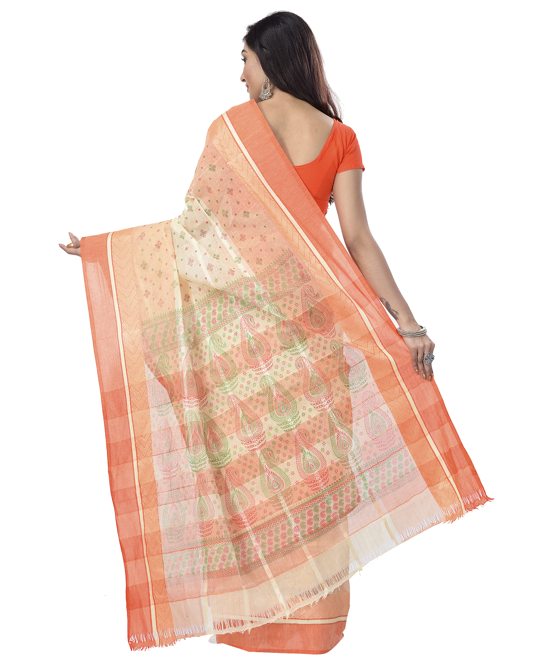 Orange Pure Cotton ANARKOLI PRINT Tant Saree Print (4074)